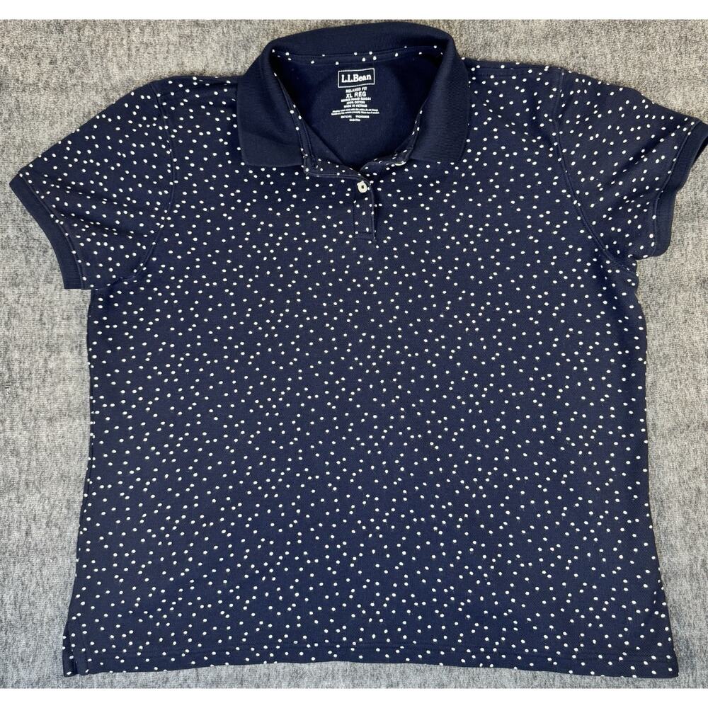 Womens L.L. BEAN Navy Blue White Polka Dot Cotton Polo Shirt XL